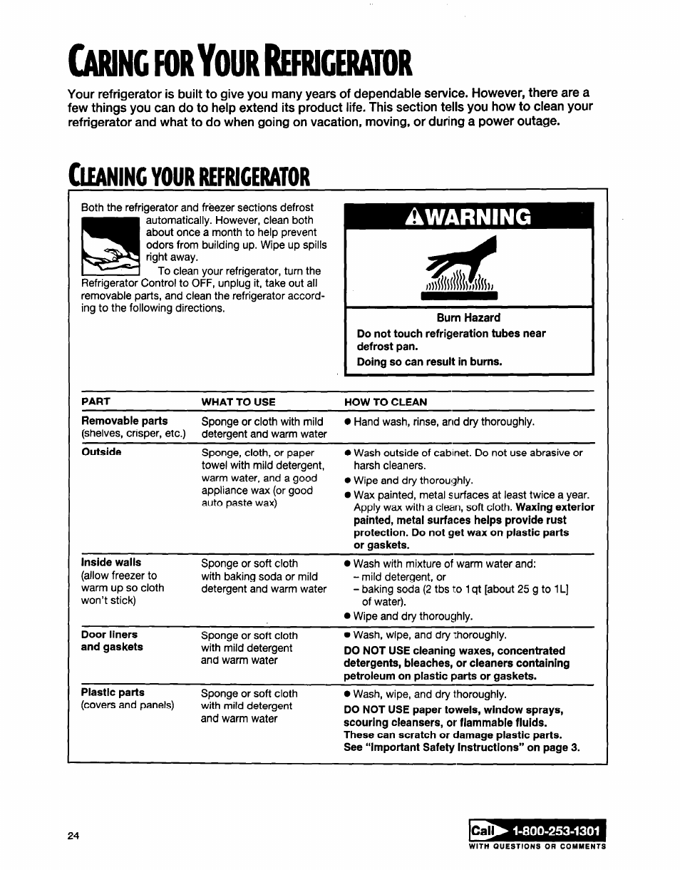 Caring kht your tefmcaiahir, Cleaning your refrigerator, Bum hazard | Caring for your, Refrigerator, Kht y, Tefmcaiahir, Aring, Your refrigerator, Warning | Whirlpool ED20TWXDN02 User Manual | Page 24 / 38