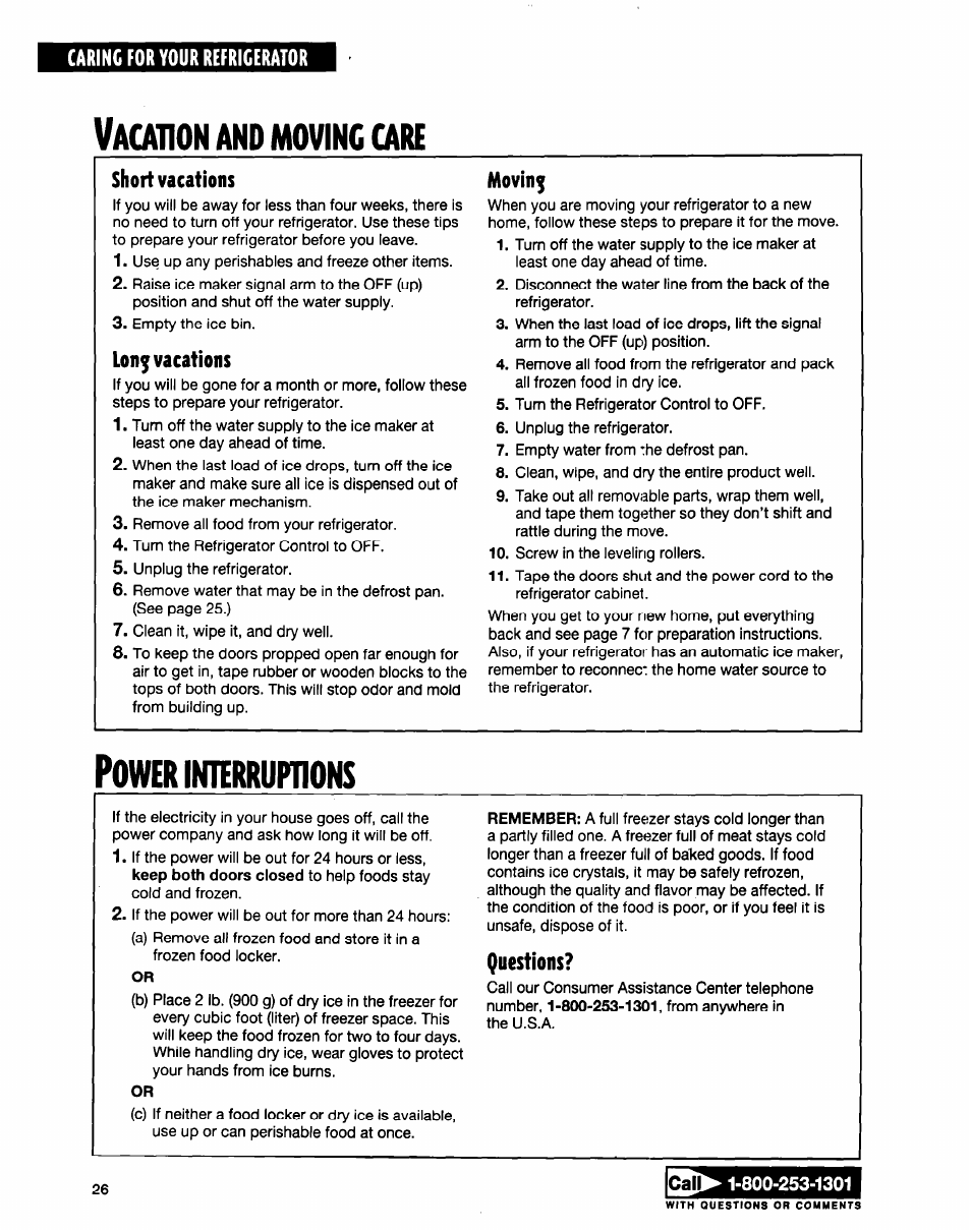 Vacation and moving care, Short vacations, Lon^ vacations | Moving, Power interrumons, Questions, Interrumons, Acation, Care, Ower | Whirlpool ED20TWXDN02 User Manual | Page 26 / 38