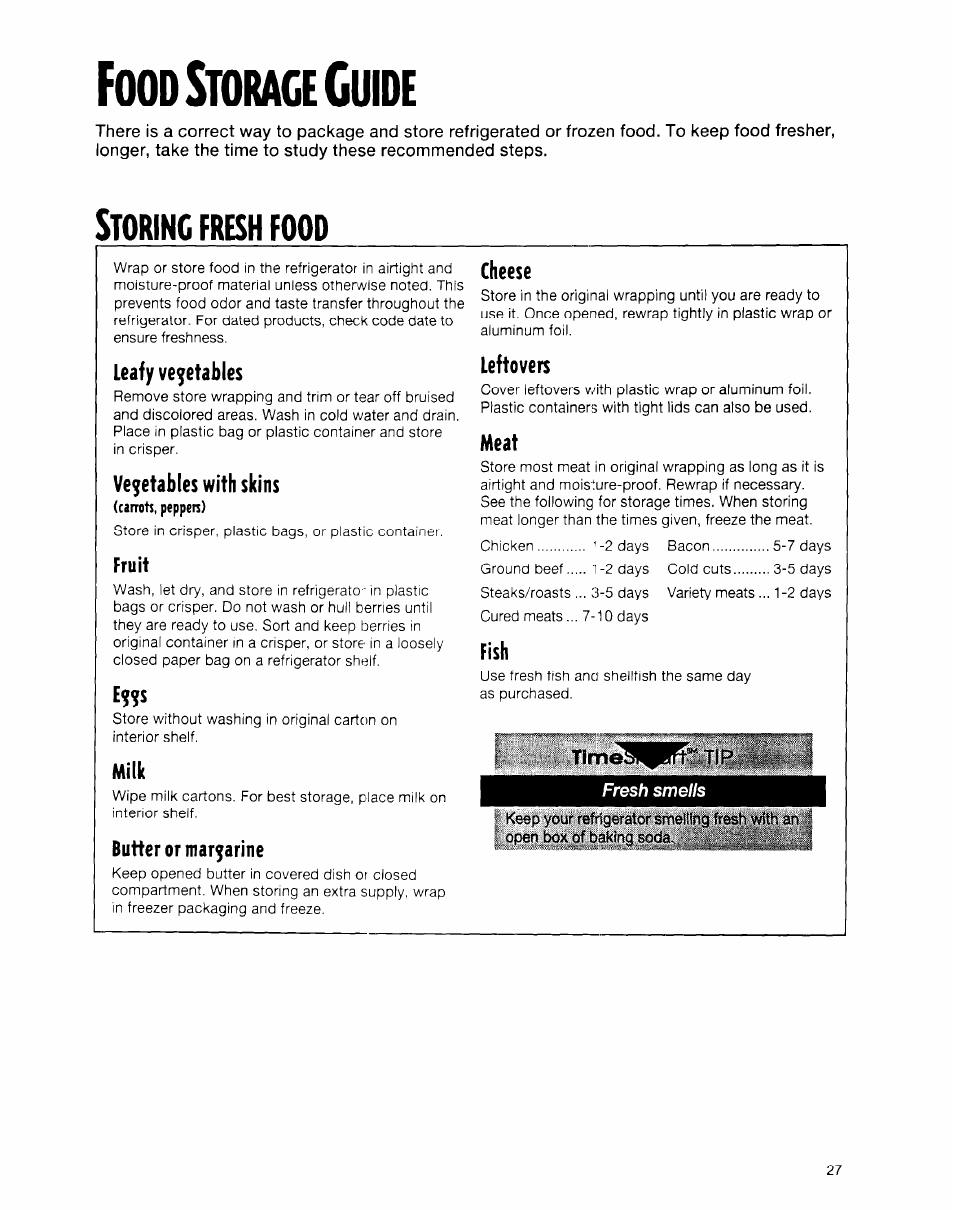 Food siorace cuide, Storing fresh food, Leafy vegetables | Vegetables with skins, Fruit, Ejjs, Milk, Butter or margarine, Cheese, Leftovers | Whirlpool ED20TWXDN02 User Manual | Page 27 / 38