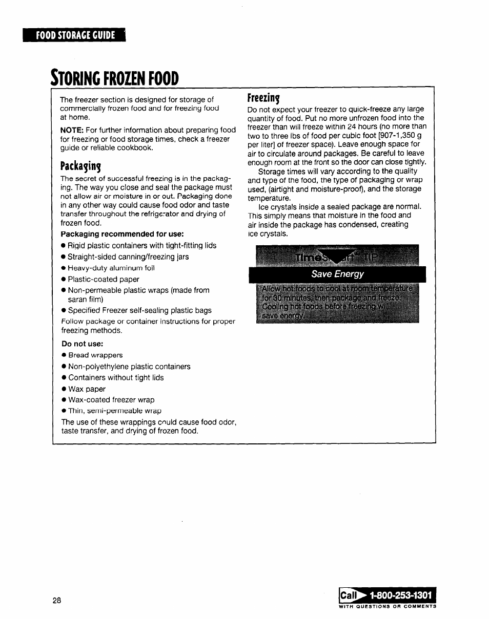 Food storage guide, Storing frozen food, Packa^in | Do not use, Freezing, Toring, Frozen, Food | Whirlpool ED20TWXDN02 User Manual | Page 28 / 38