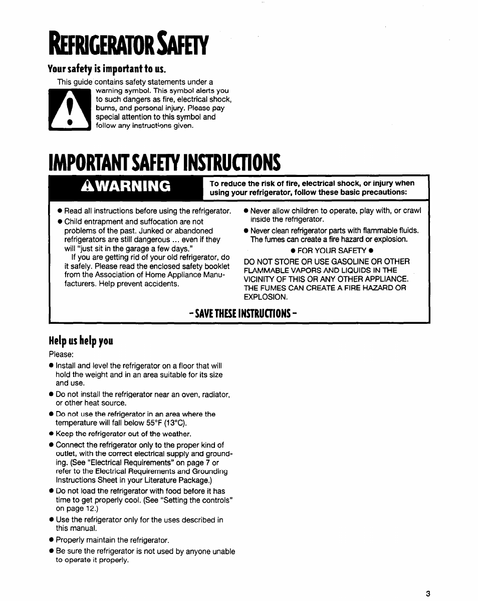 Heihceiianirsafeiy, Your safety is important to us, Importantsafety instruoions | Save these instruaions, Help us help you, Awarning | Whirlpool ED20TWXDN02 User Manual | Page 3 / 38