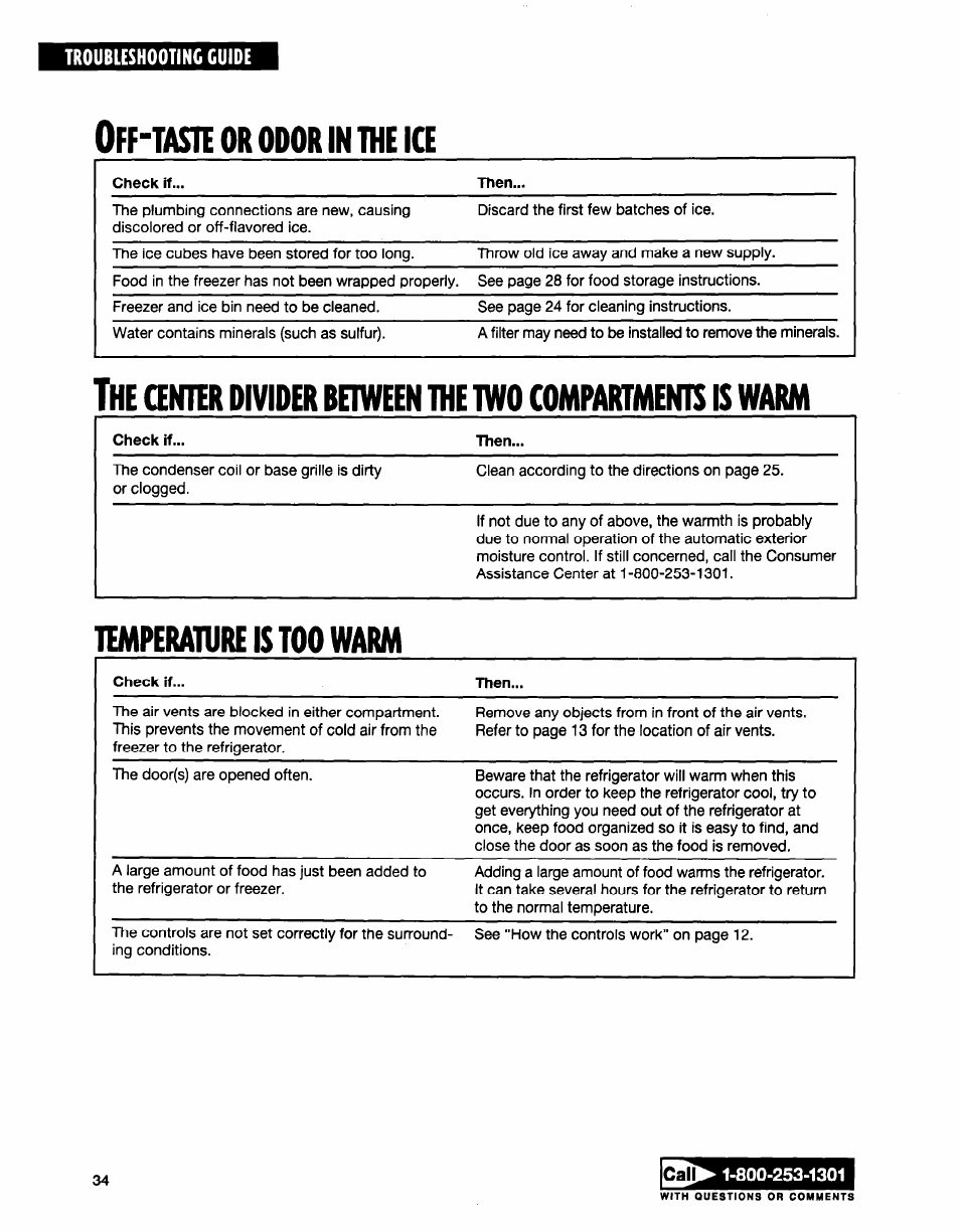 Off-tasïïorodorintheia, Œnter divider beiween1he two compartments is warm, Temperaiureistoowarm | Whirlpool ED20TWXDN02 User Manual | Page 34 / 38
