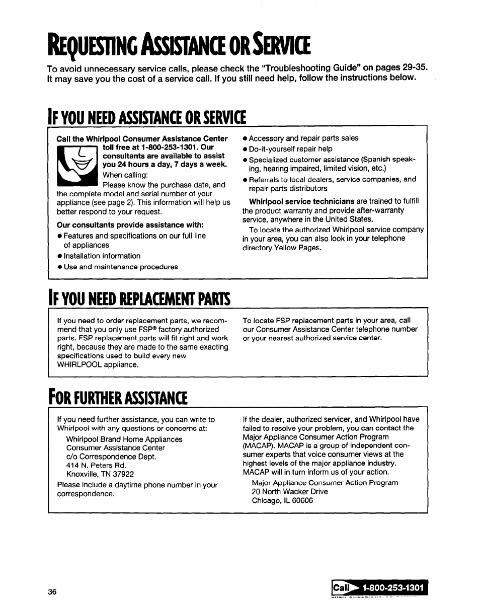Requestokassktanaorsawke, If you need assistanq or serviu, If you need repiacement parts | Forfurinerassistana, You need repiacement parts, Need, Assistanq, Serviu | Whirlpool ED20TWXDN02 User Manual | Page 36 / 38