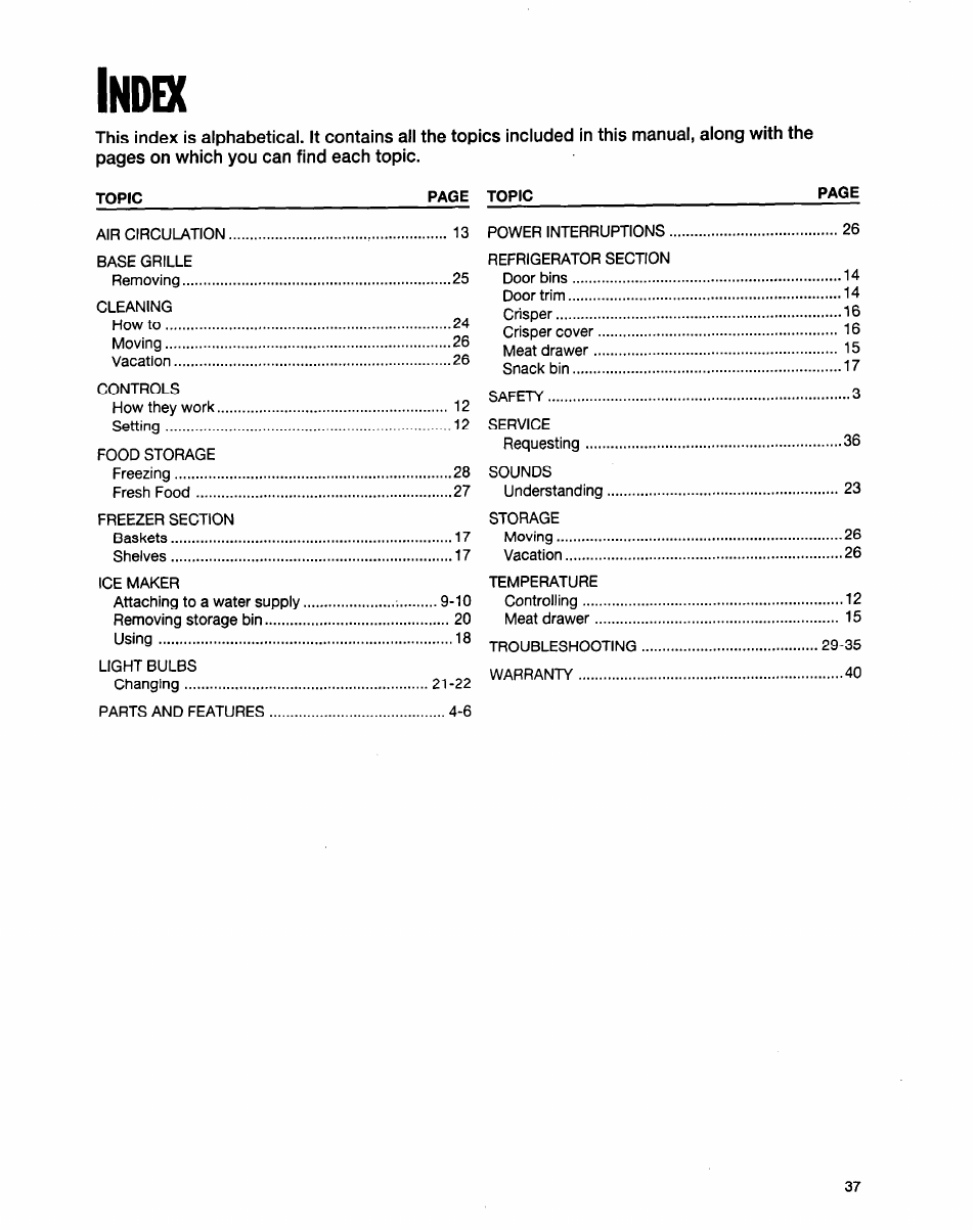Index, Topic, Ndex | Whirlpool ED20TWXDN02 User Manual | Page 37 / 38