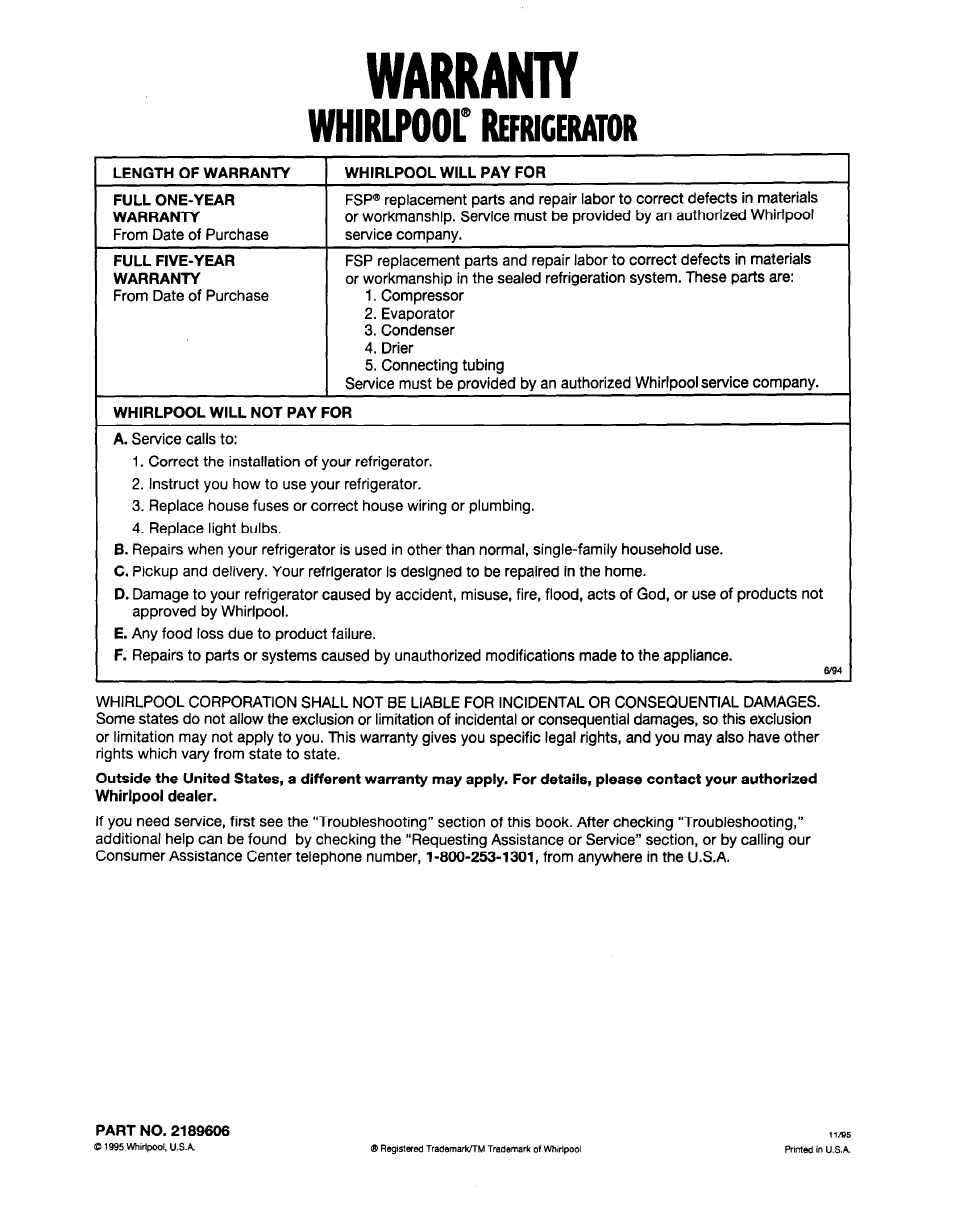 Warranty, Whirlpoor rbncemim, Length of warranty | Whirlpool will pay for, Full one-year warranty, Full five-year warranty, Whirlpool will not pay for, Part no. 2189606 | Whirlpool ED20TWXDN02 User Manual | Page 38 / 38