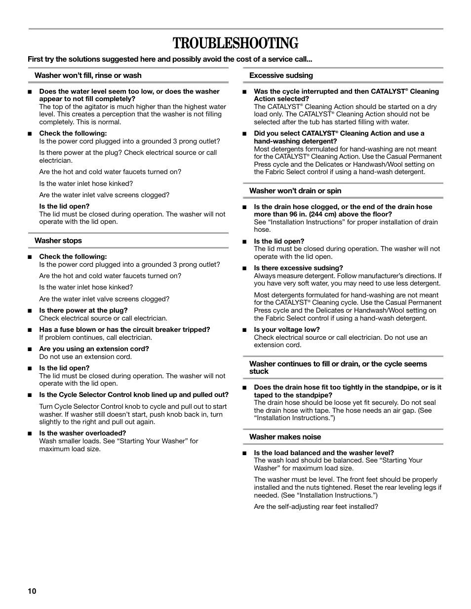Troubleshooting | Whirlpool 3955876 User Manual | Page 10 / 40