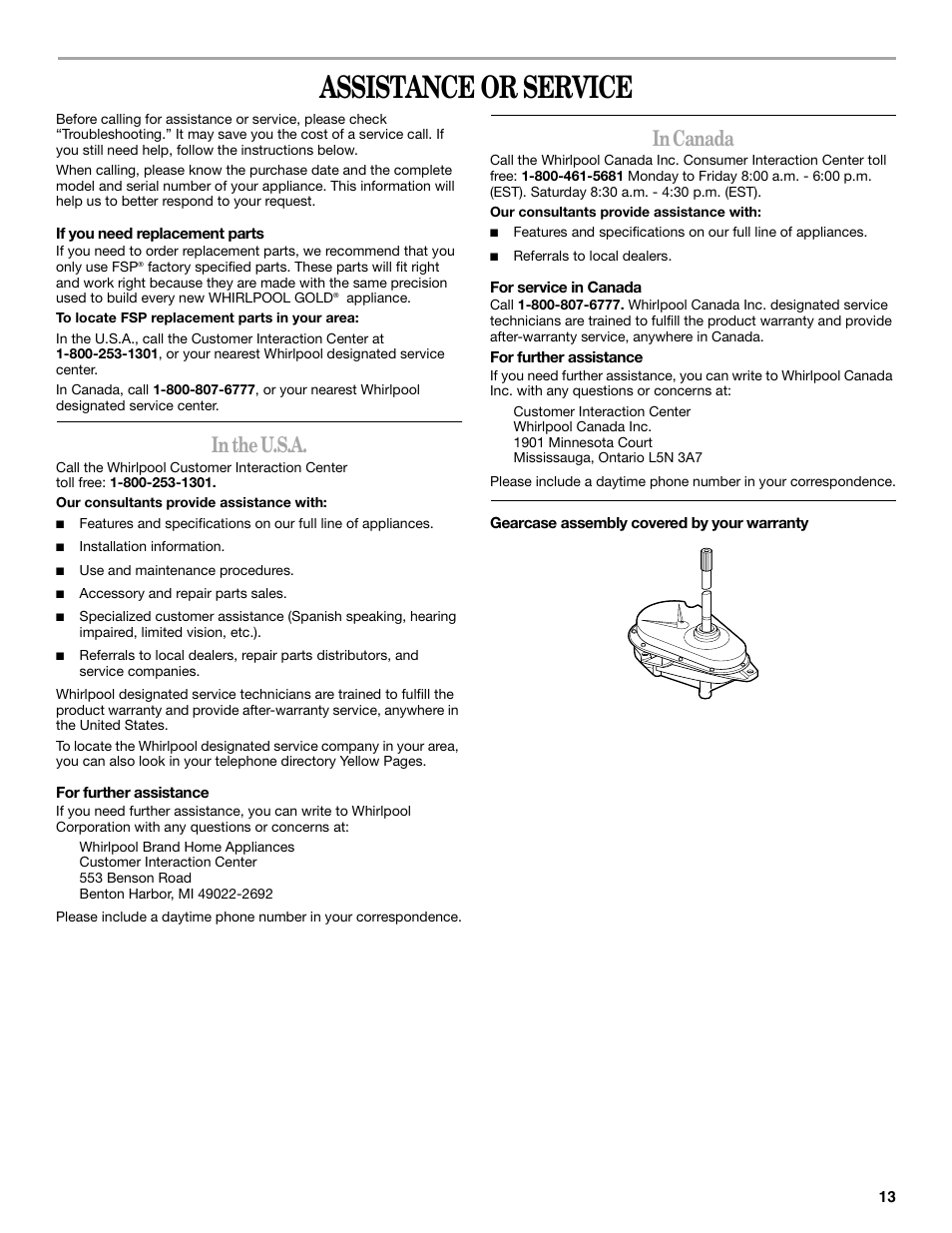 Assistance or service | Whirlpool 3955876 User Manual | Page 13 / 40