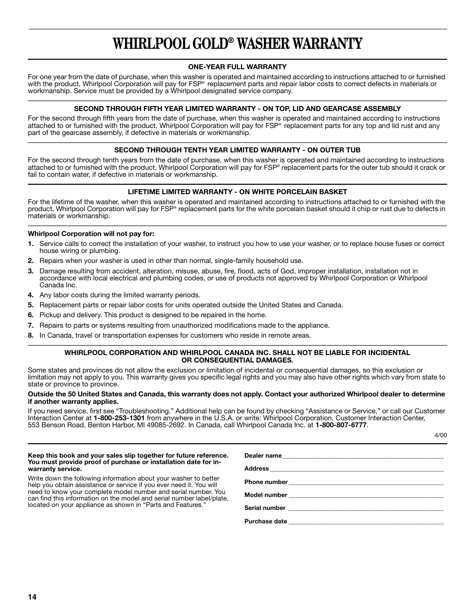 Whirlpool gold, Washer warranty | Whirlpool 3955876 User Manual | Page 14 / 40