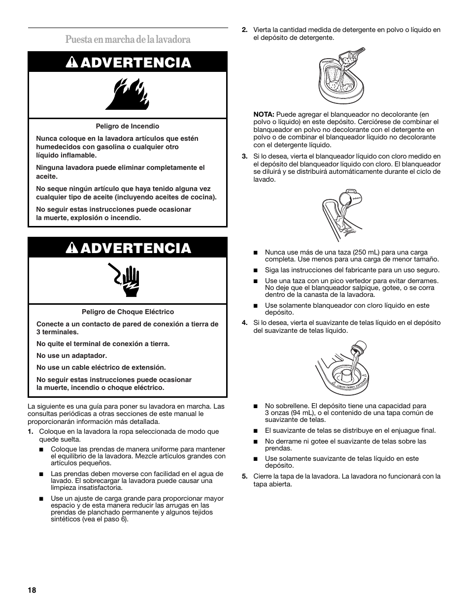Advertencia, Puesta en marcha de la lavadora | Whirlpool 3955876 User Manual | Page 18 / 40