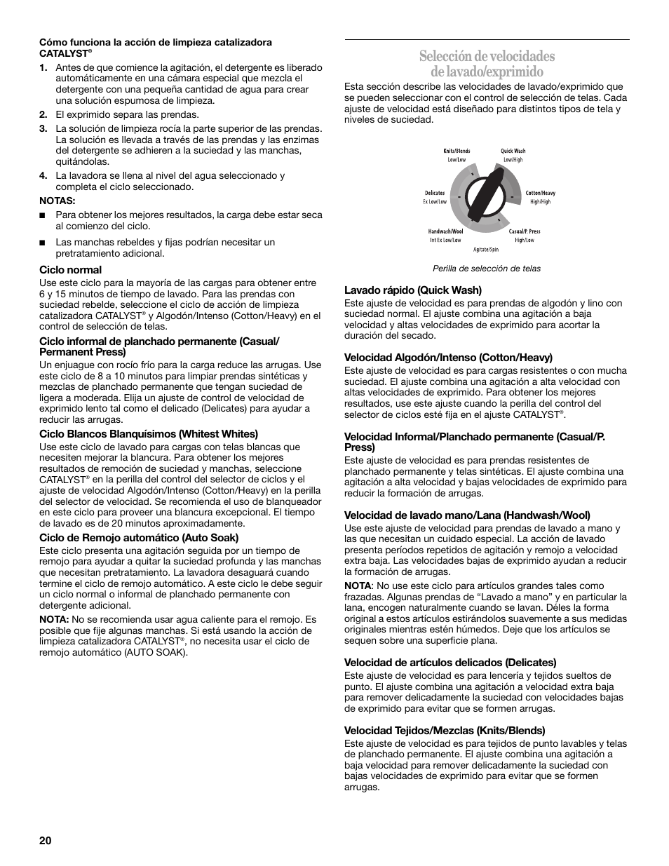 Selección de velocidades de lavado/exprimido | Whirlpool 3955876 User Manual | Page 20 / 40