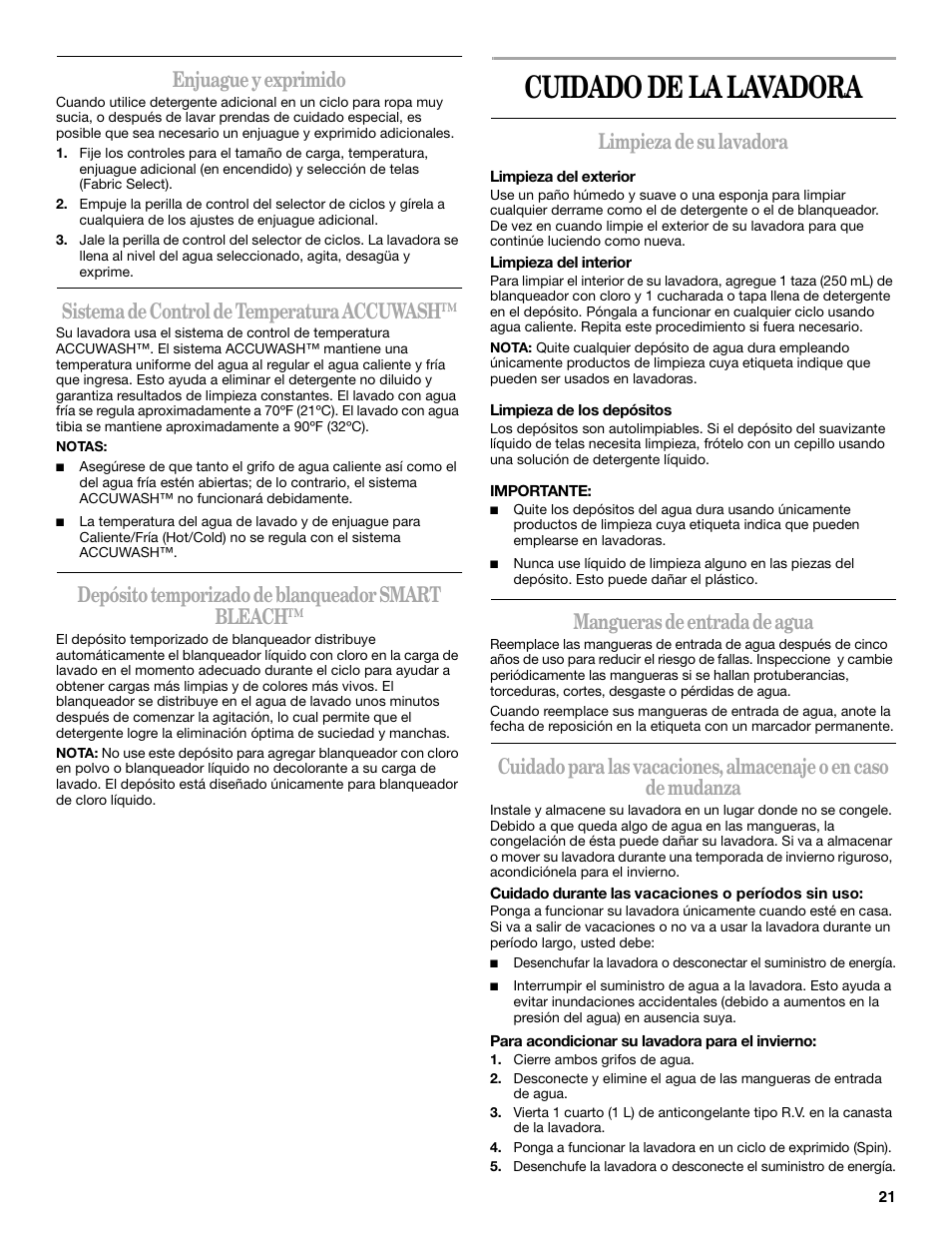 Cuidado de la lavadora, Enjuague y exprimido, Sistema de control de temperatura accuwash | Depósito temporizado de blanqueador smart bleach, Limpieza de su lavadora, Mangueras de entrada de agua | Whirlpool 3955876 User Manual | Page 21 / 40