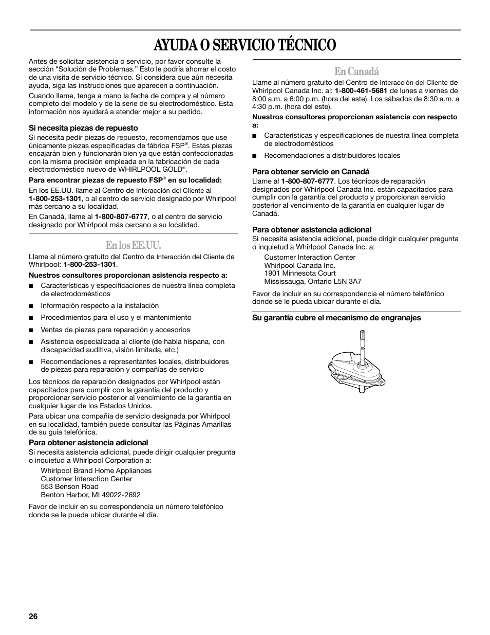 Ayuda o servicio técnico, En los ee.uu, En canadá | Whirlpool 3955876 User Manual | Page 26 / 40
