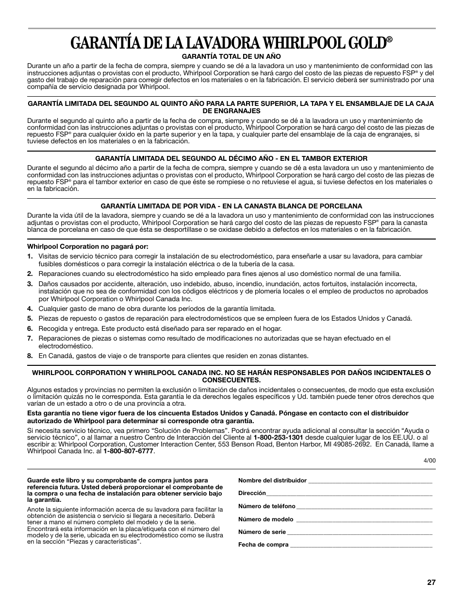 Garantía de la lavadora whirlpool gold | Whirlpool 3955876 User Manual | Page 27 / 40