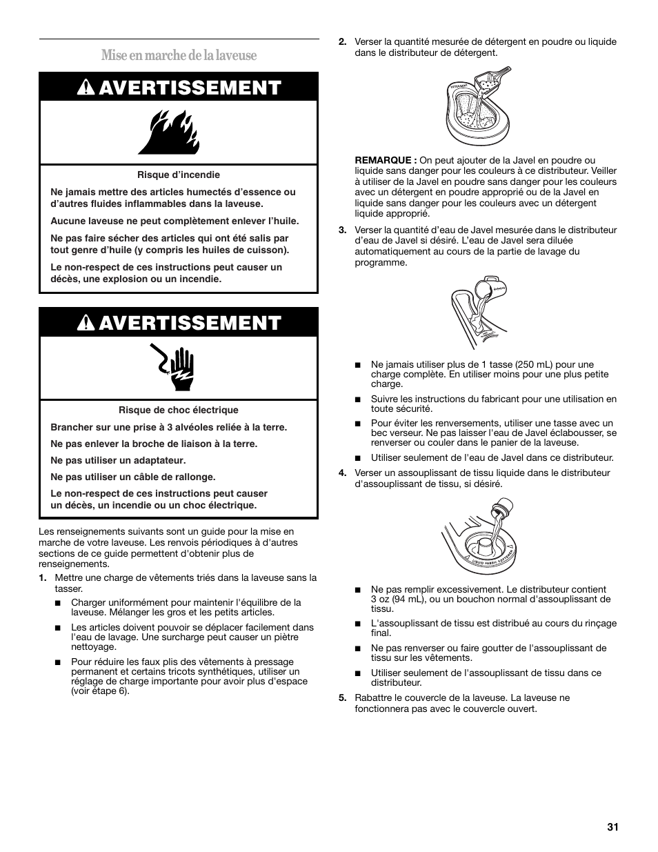 Avertissement, Mise en marche de la laveuse | Whirlpool 3955876 User Manual | Page 31 / 40