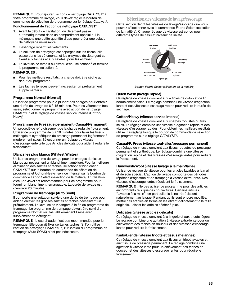 Sélection des vitesses de lavage/essorage | Whirlpool 3955876 User Manual | Page 33 / 40