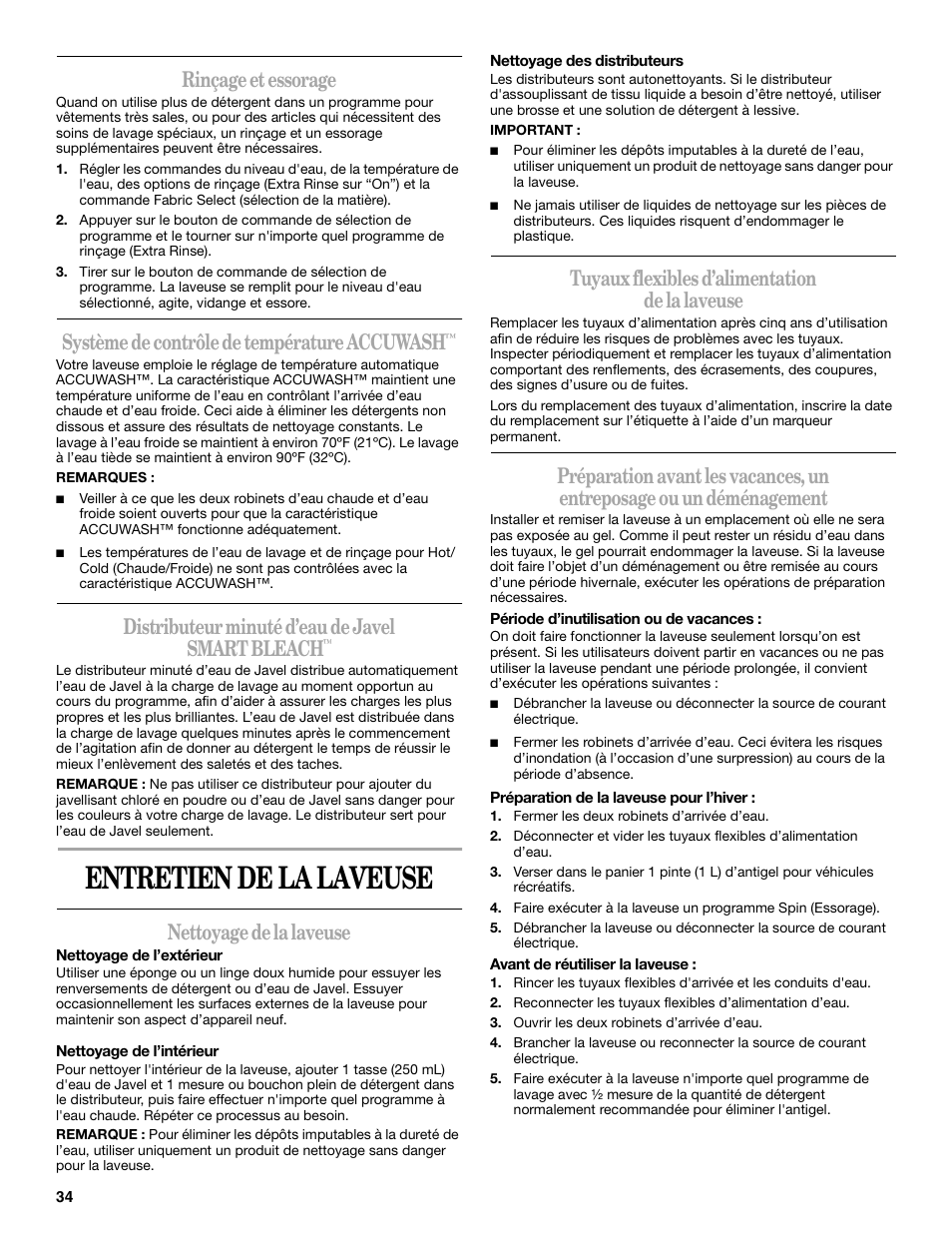 Entretien de la laveuse, Rinçage et essorage, Système de contrôle de température accuwash | Distributeur minuté d’eau de javel smart bleach, Nettoyage de la laveuse, Tuyaux flexibles d’alimentation de la laveuse | Whirlpool 3955876 User Manual | Page 34 / 40