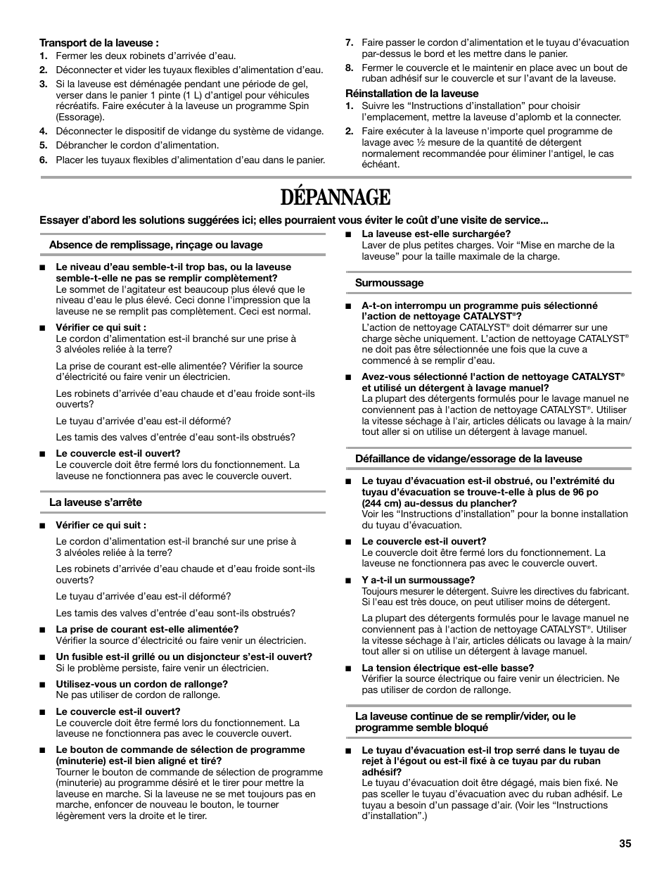 Dépannage | Whirlpool 3955876 User Manual | Page 35 / 40