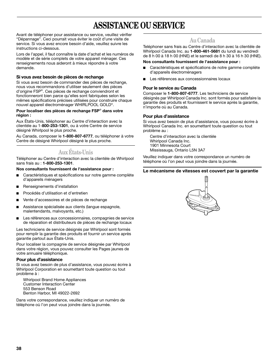 Assistance ou service, Aux états-unis, Au canada | Whirlpool 3955876 User Manual | Page 38 / 40