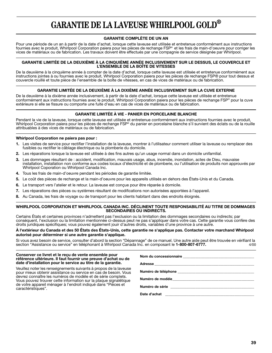 Garantie de la laveuse whirlpool gold | Whirlpool 3955876 User Manual | Page 39 / 40
