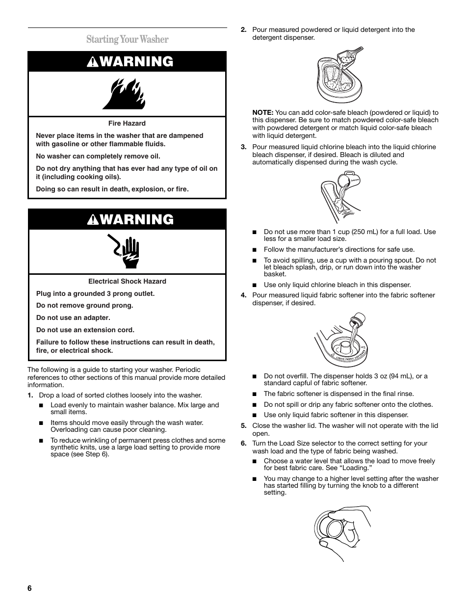 Warning, Starting your washer | Whirlpool 3955876 User Manual | Page 6 / 40