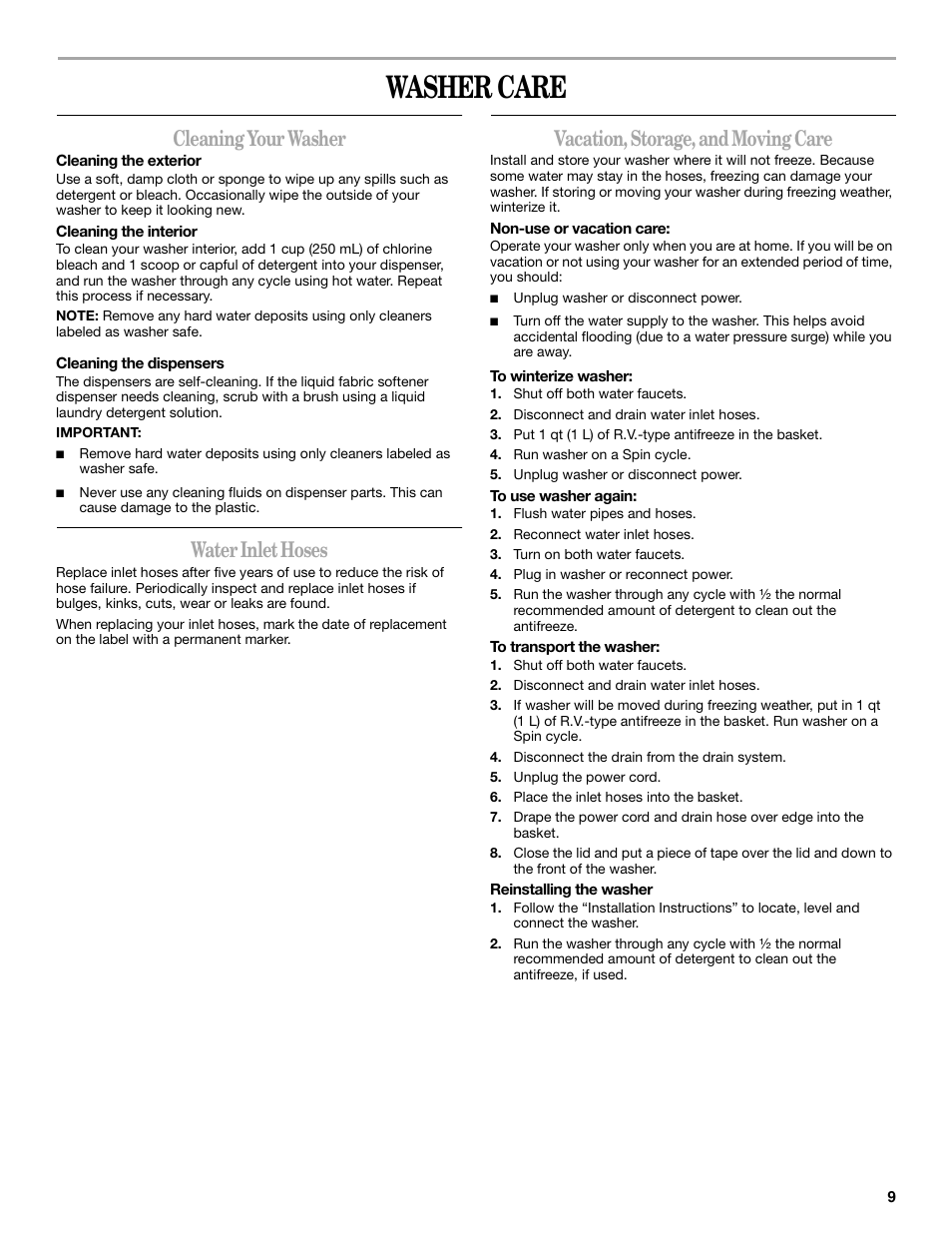 Washer care, Cleaning your washer, Water inlet hoses | Vacation, storage, and moving care | Whirlpool 3955876 User Manual | Page 9 / 40