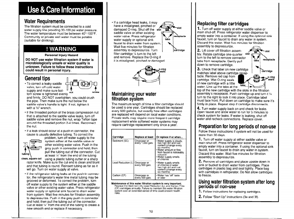 Use & care information, Water requirements, Warning | Tgeneral tips, Maintaining your water fiitration system, Replacing filter cartridges, Preparation for long periods of non-use | Whirlpool System I User Manual | Page 10 / 14