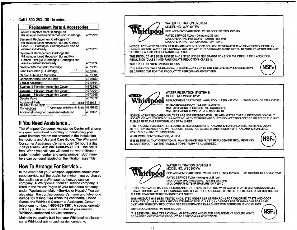 Whirlpool, Whifipoal, If you need assistance | How to arrange for service, Nbrci | Whirlpool System I User Manual | Page 11 / 14