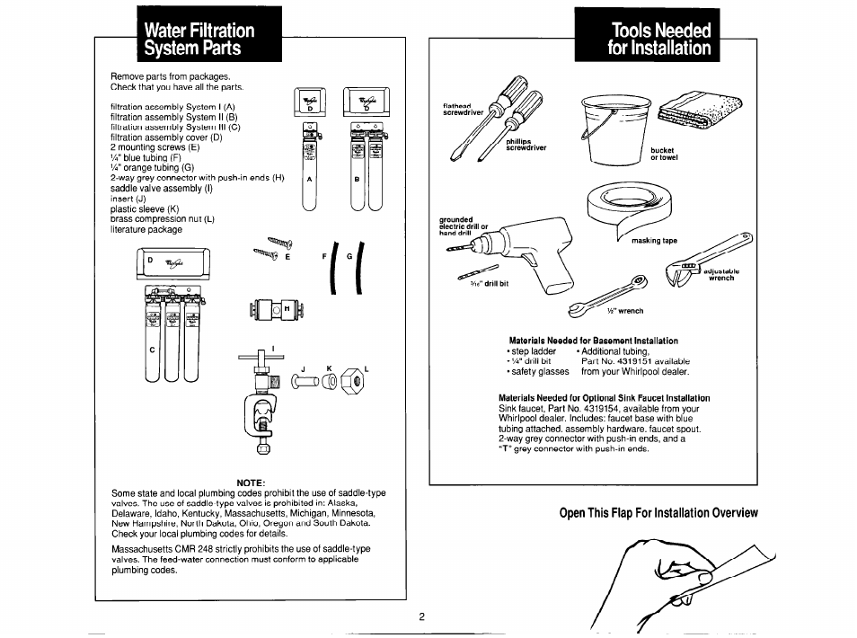 Note, C]°e|i, Water filtration system parts | Tools needed for installation | Whirlpool System I User Manual | Page 2 / 14