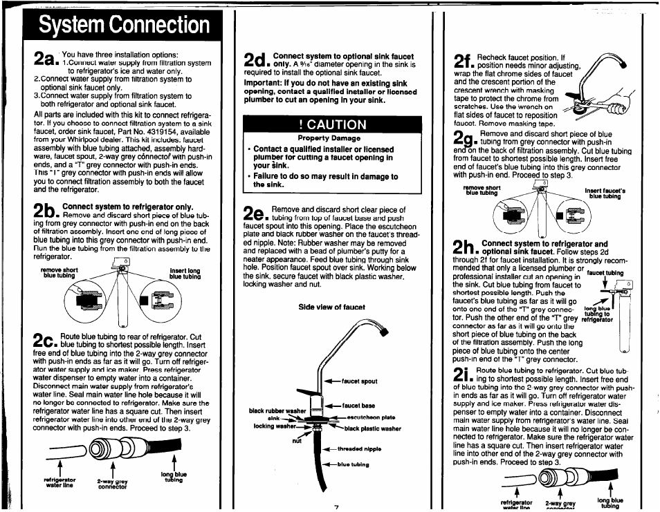 System connection, Side view of faucet, Caution | Whirlpool System I User Manual | Page 7 / 14