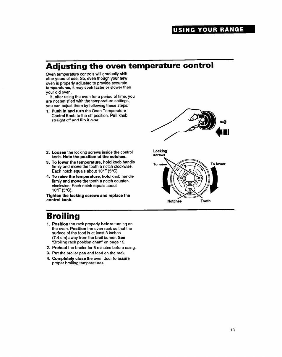 Adjusting the oven temperature control, Broiling, Icfis'c) | Whirlpool FGS385Y User Manual | Page 13 / 32