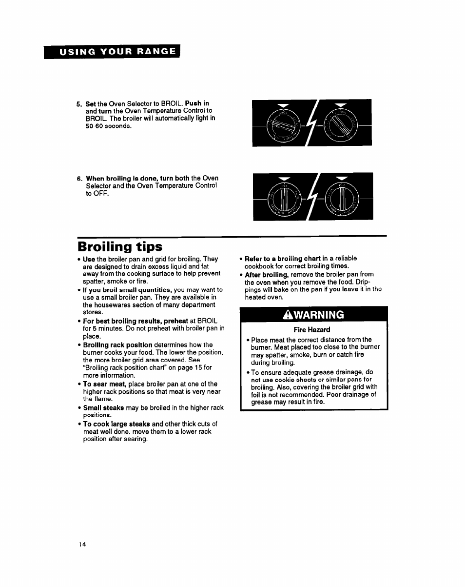 Broiling tips, Warning | Whirlpool FGS385Y User Manual | Page 14 / 32