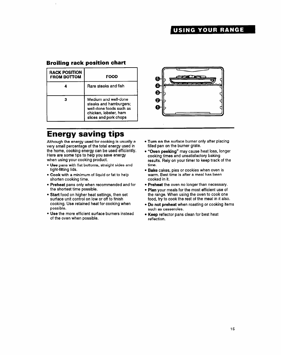 Broiling rack position chart, Energy saving tips | Whirlpool FGS385Y User Manual | Page 15 / 32