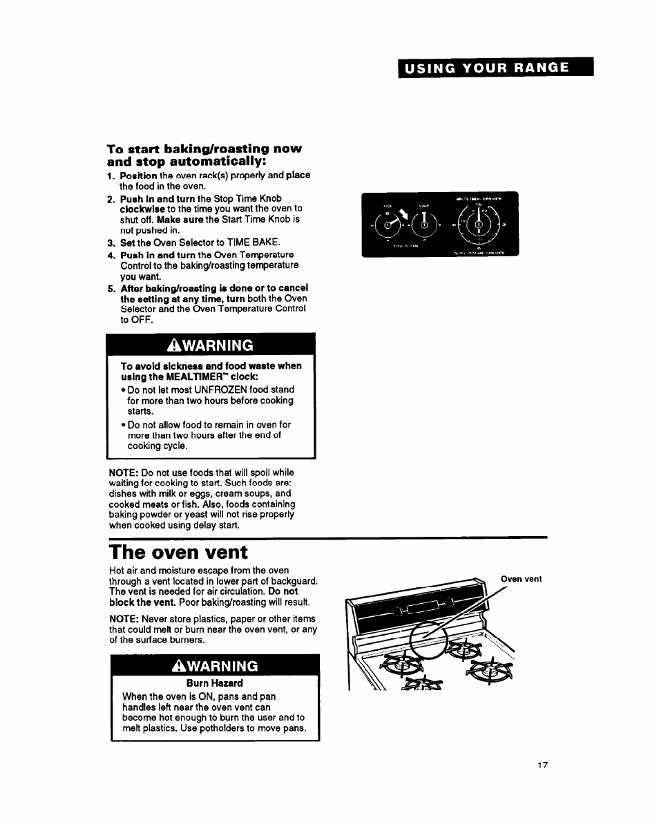 Warning, The oven vent | Whirlpool FGS385Y User Manual | Page 17 / 32