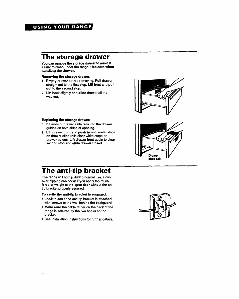The storage drawer, The anti-tip bracket | Whirlpool FGS385Y User Manual | Page 18 / 32