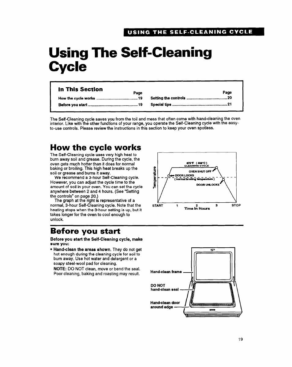 Using the self-cleaning cycle, How the cycle works, Before you start | Whirlpool FGS385Y User Manual | Page 19 / 32
