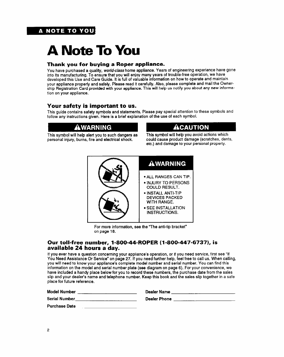 A note to you, Thank you for buying a roper appliance, Your safety is important to us | Whirlpool FGS385Y User Manual | Page 2 / 32