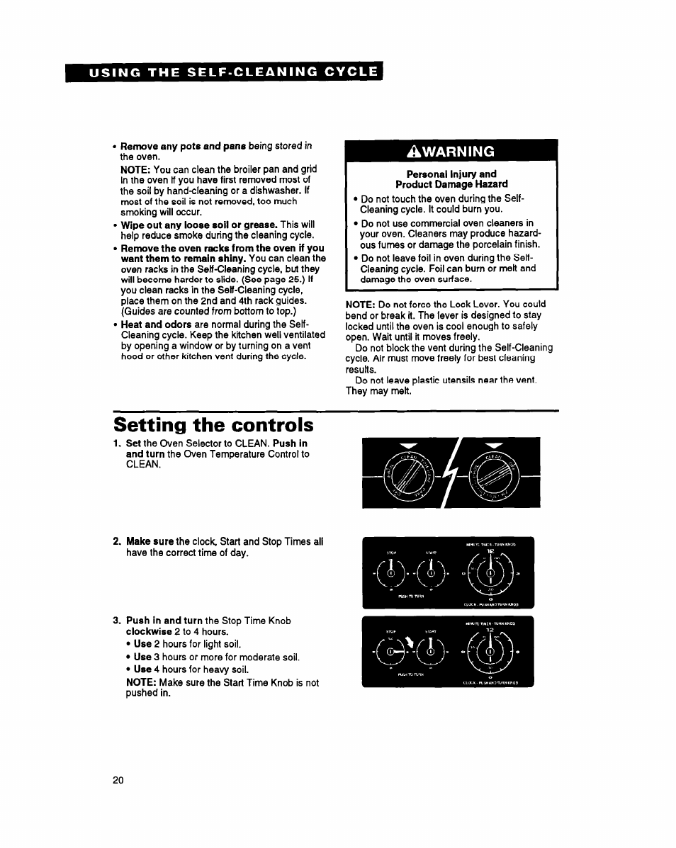 Warning, Setting the controls | Whirlpool FGS385Y User Manual | Page 20 / 32