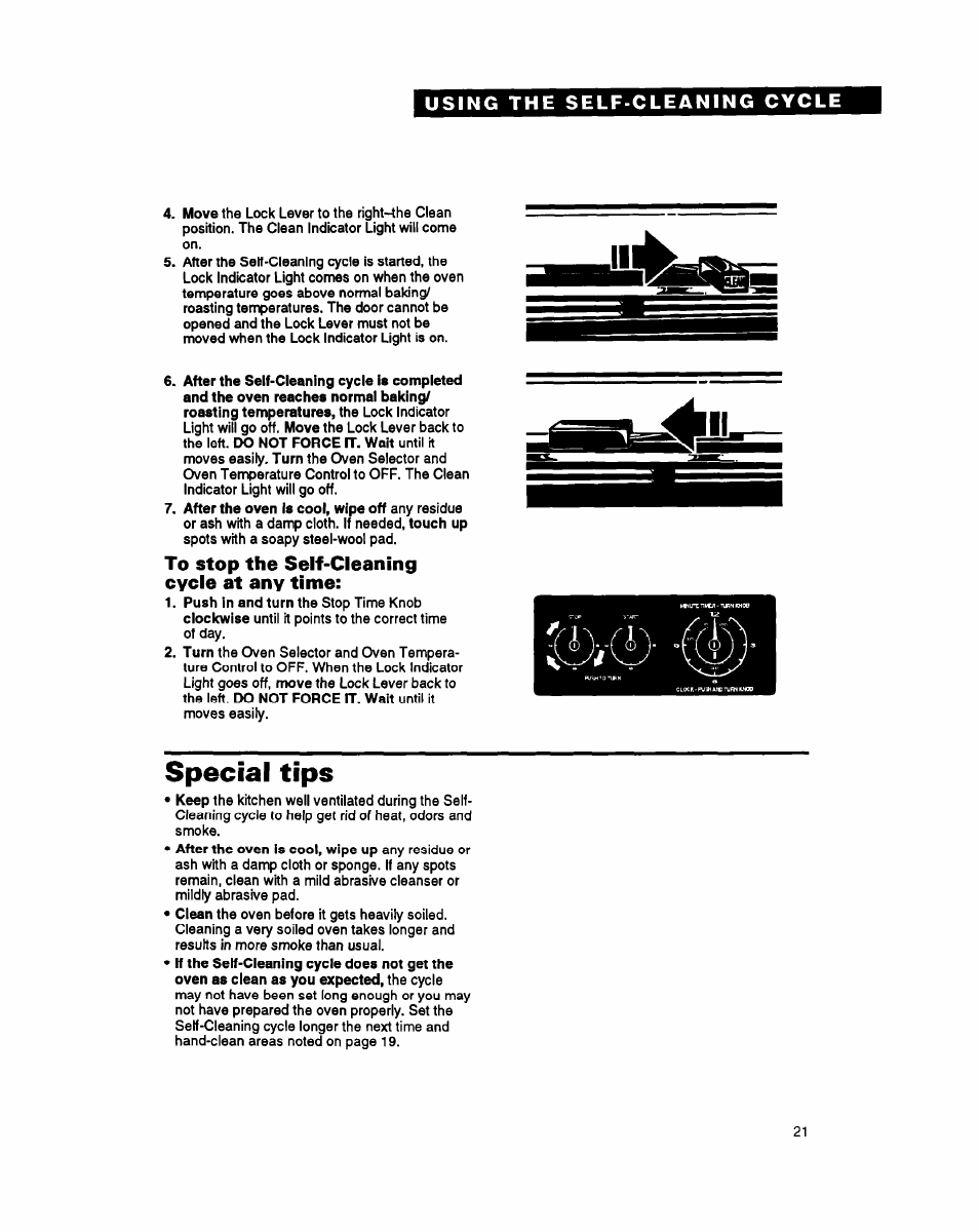 To stop the self-cleaning cycle at any time, Special tips | Whirlpool FGS385Y User Manual | Page 21 / 32