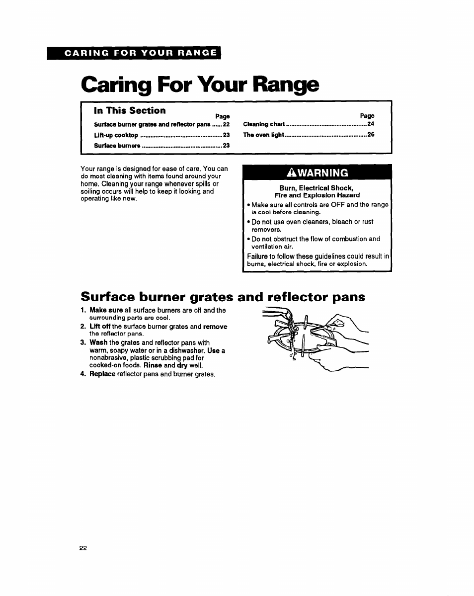 Caring for your range, Surface burner grates and reflector pans | Whirlpool FGS385Y User Manual | Page 22 / 32