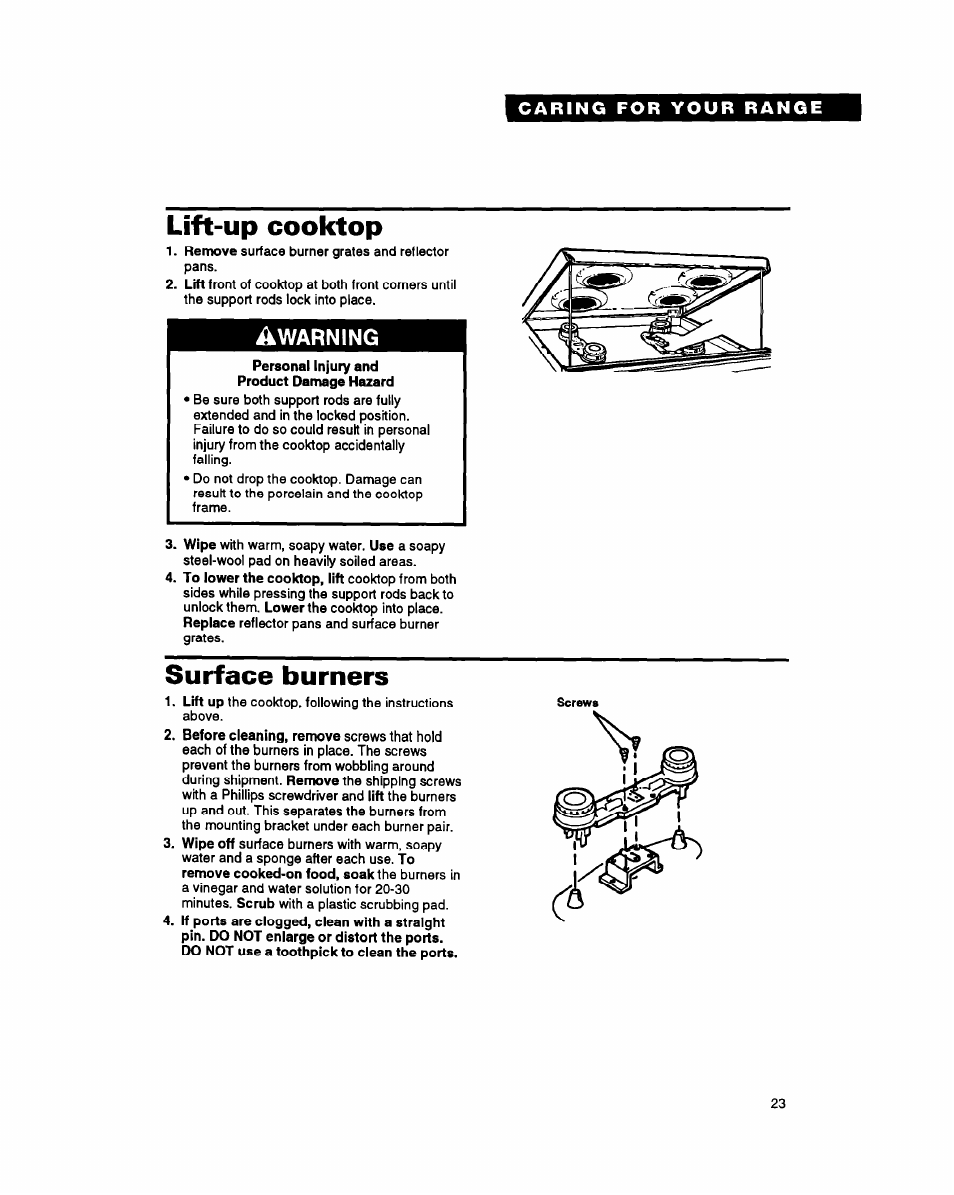 Lift-up cooktop, Surface burners | Whirlpool FGS385Y User Manual | Page 23 / 32