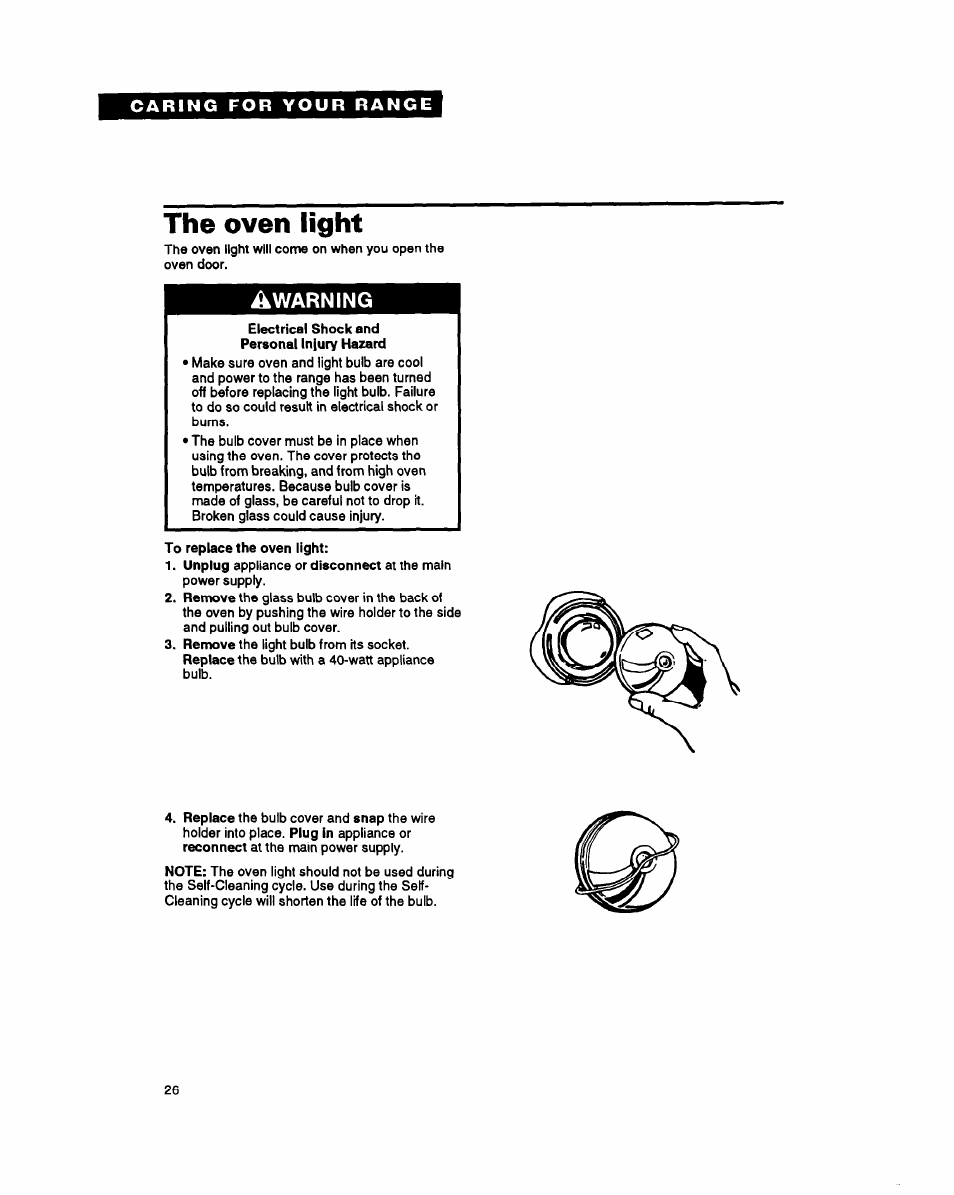 The oven light, Warning | Whirlpool FGS385Y User Manual | Page 26 / 32