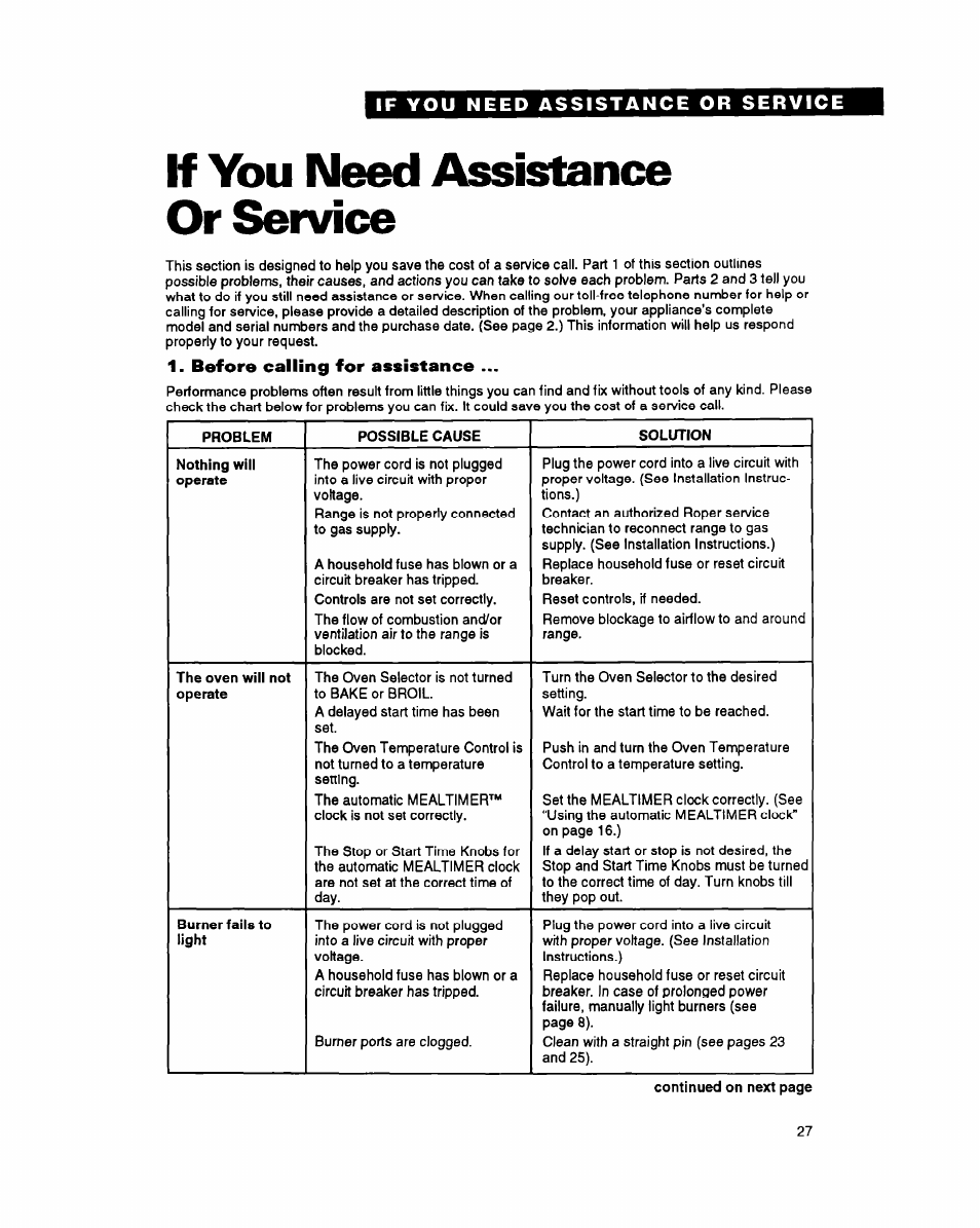 If you need assistance or service, Before calling for assistance | Whirlpool FGS385Y User Manual | Page 27 / 32