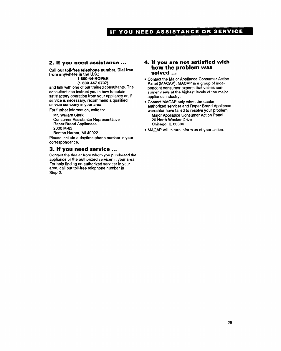 If you need assistance, 800-44-roper, If you need service | Whirlpool FGS385Y User Manual | Page 29 / 32