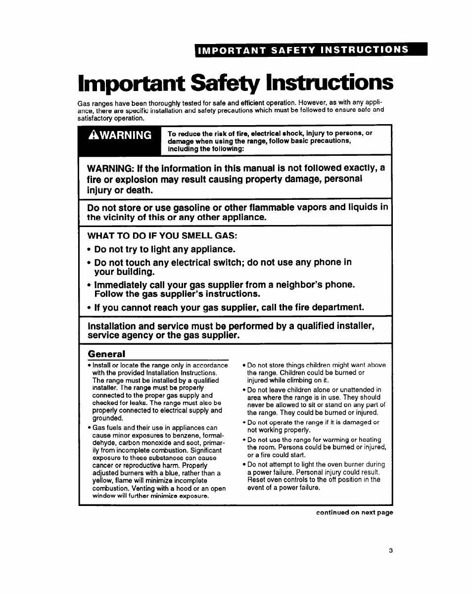 Important safety instructions, General | Whirlpool FGS385Y User Manual | Page 3 / 32