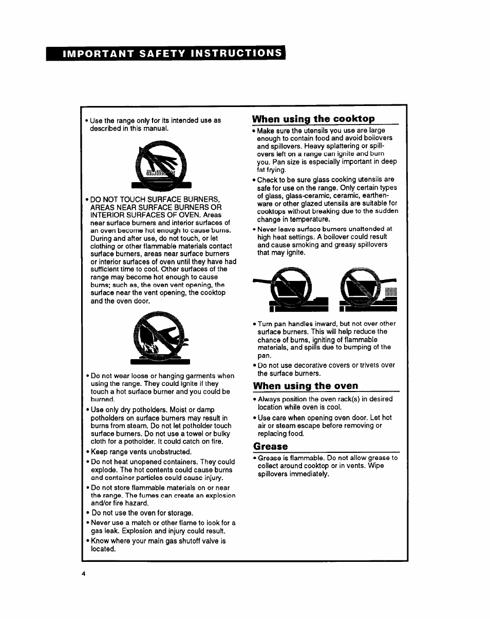 When using the cooktop, When using the oven, Grease | Whirlpool FGS385Y User Manual | Page 4 / 32