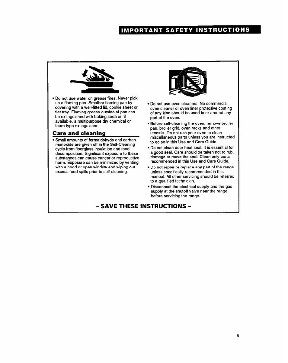 Care and cleaning, Save these instructions | Whirlpool FGS385Y User Manual | Page 5 / 32