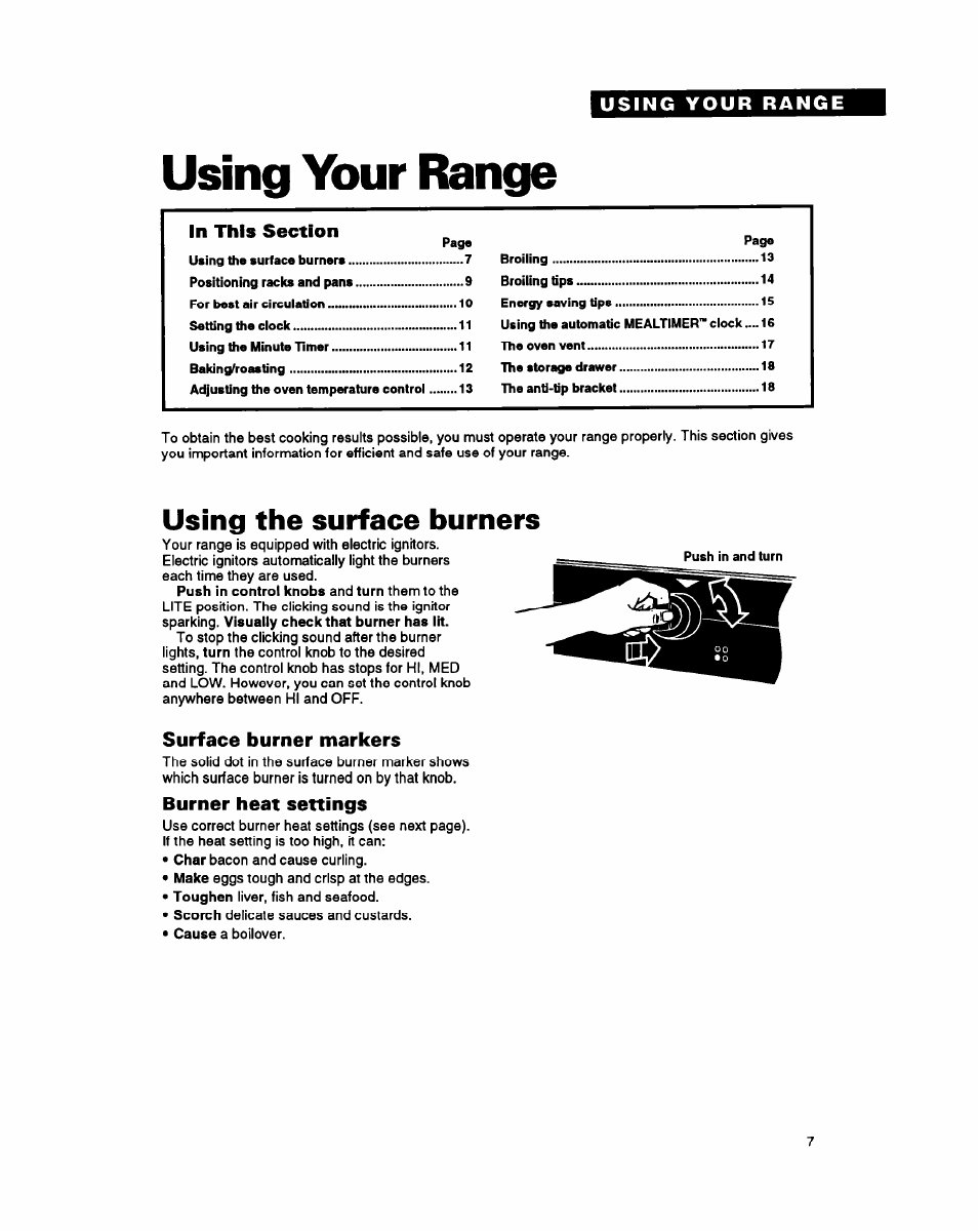 Using your range, Using the surface burners, Surface burner markers | Burner heat settings | Whirlpool FGS385Y User Manual | Page 7 / 32