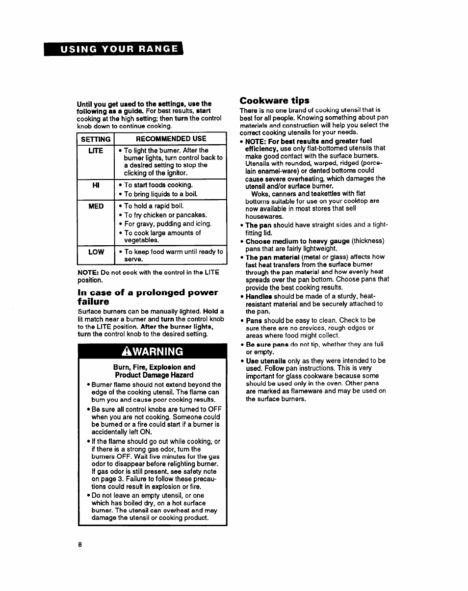 In case of a prolonged power failure, Warning, Cookware tips | Whirlpool FGS385Y User Manual | Page 8 / 32