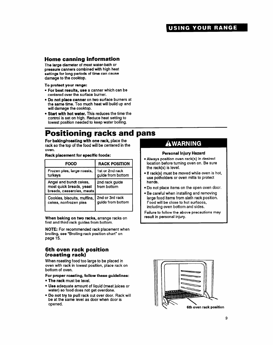 Home canning information, Positioning racks and pans, Warning | 6th oven rack position (roasting rack) | Whirlpool FGS385Y User Manual | Page 9 / 32