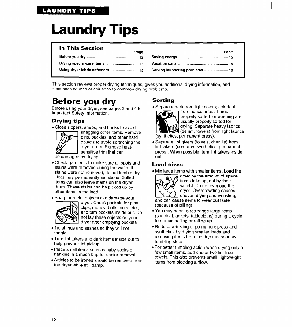 Laundry tips, Drying tips, Sorting | Load sizes, Before you dry | Whirlpool 3401011 User Manual | Page 12 / 20